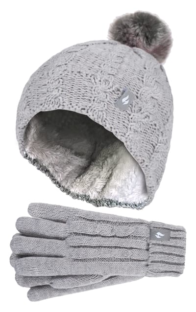 Heat Holders Meisjes Cable Bobble Muts En Handschoenen Set - Frost Gray Melange