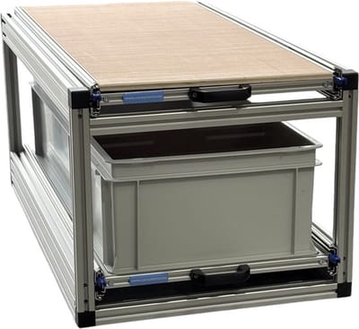 Dubbel schuifframe voor camper 90x40 cm - met 2 open bakken en multiplex plaat - 130 kg belastbaar