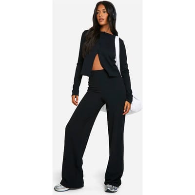 boohoo Dames Tall Crinkle Cardigan and Wide Leg Trouser Co-ord | Zwart | Maat: 40