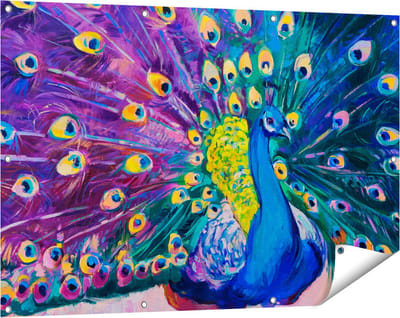 Gards Tuinposter Pauw met Kleurrijke Veren van Olieverf - Abstract - 120x80 cm - Tuindoek - Tuindecoratie - Wanddecoratie buiten - Tuinschilderij