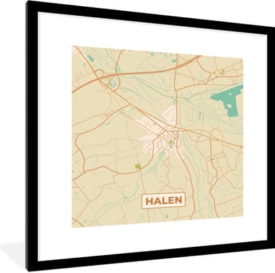 Fotolijst incl. Poster - Halen - Vintage - Kaart - Stadskaart - Plattegrond - 40x40 cm - Posterlijst
