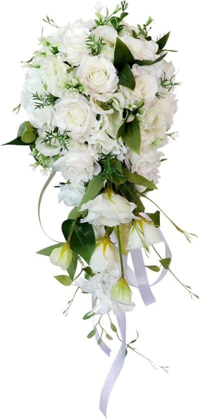 Bruidsboeket - Bruidsboeket rozen - Bruiloft decoratie - Traan druppelvorm - 20 x 50 cm - Wit Groen