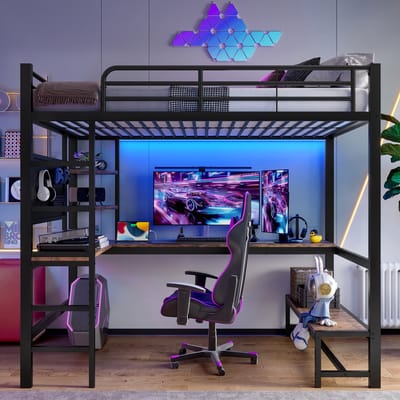 Hoogslaper - 90 x 200 cm - bureau - reling - ladder - plank - met USB Type-C-aansluiting - met LED-verlichting - zonder matras - zwart
