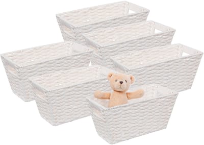 5Five Rieten opbergmand - 6x - gevlochten - wit - 31 x 15 x 15 - Kast-/badkamer mandjes - metaal/kunststof