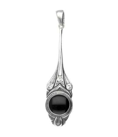 Zilveren Pendule zwarte inleg met swarovski kristallen Art Nouveau Jugendstil hanger