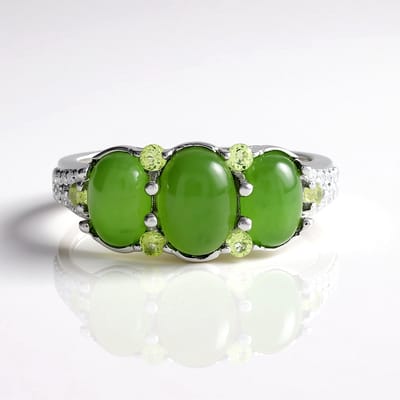 Cavill - Zilveren Ring 925 Sterling Geplatineerd met 3,27 ct Canadese Jade Ovaal & Peridoot & Zirkon - Elegante Damesring - Groen & Sprankelend