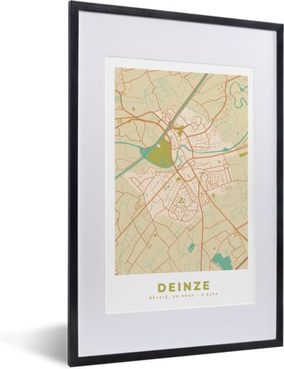 Fotolijst incl. Poster - Kaart - Deinze - Plattegrond - Vintage - Stadskaart - 40x60 cm - Posterlijst