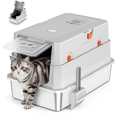 Kattenbak met Deksel, Grote XXL Kattenbakken met Schep, Volledig Gesloten Kattenbak met Hoge Rand, Metalen Toilet voor Katten, Lekbestendig, Geurvrij, Gemakkelijk Schoon te Maken