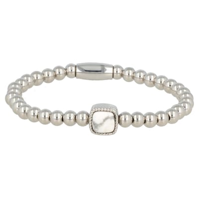 My Bendel - Zilverkleurige Elastische Bedelarmband met Howlite Edelsteen - Elastische Howlite Armband - Luxe Stainless Steel Design - met Luxe Cadeauverpakking | Sieraden Voor Dames | Maat S