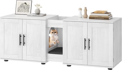 Kattenbak meubel voor 2 katten | Dubbel kattenhuis met opbergruimte | praktisch kattenmeubilair, Wit -140x45x57CM