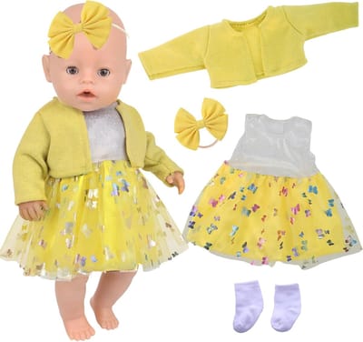 Gele Pailletten Jurk Outfit Set voor 43cm Poppen (14-18 Inch) - Inclusief Jas en Accessoires