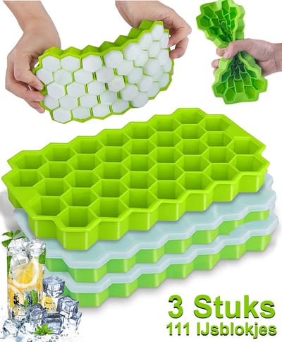 Boncy® Siliconen IJsblokjesvorm met Deksel (3 Stuks) - 111 ijsblokjes - Honingraat BPA Vrij Ijsblokjesmaker - Silicone Ijsvormpjes - Whiskey , Gin en Cocktails - whisky ijsblokjesvormen