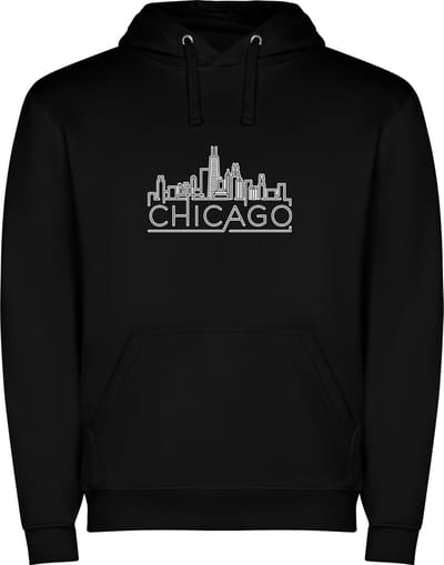 Zwarte unisex hoodie met “ Sky Line Chicago – Vakantiegevoel – Strak – Modern “ Print Full Color Color merk Roly maat S