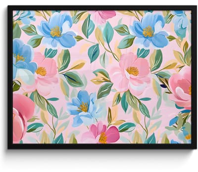 Poster in lijst - Fotolijst 70x50 cm - Posters - Blauw - Roze - Bloemen - Posterlijst zwart - Decoratie - Wanddecoratie woonkamer - Muurdecoratie slaapkamer