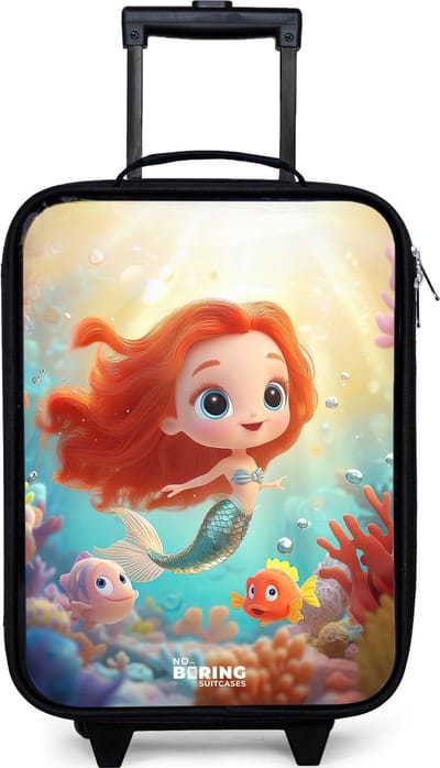 NoBoringSuitcases.com® - Kinderkoffer jongen - Kindertrolley meisje - Zeemeermin - Vissen - Koraal - Koffer kind lichtgewicht - Reiskoffer trolley voor kinderen - Koffertje met lichtgevende wieltjes - Rolkoffer zwart
