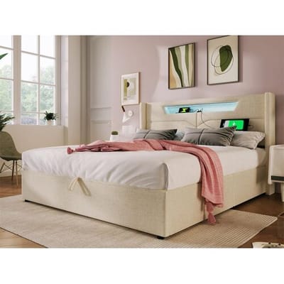 ModernLuxe Opbergbed 160x200cm gestoffeerd in linnenstof - met LED en oplaadpoorten - met lattenbodem - Beige
