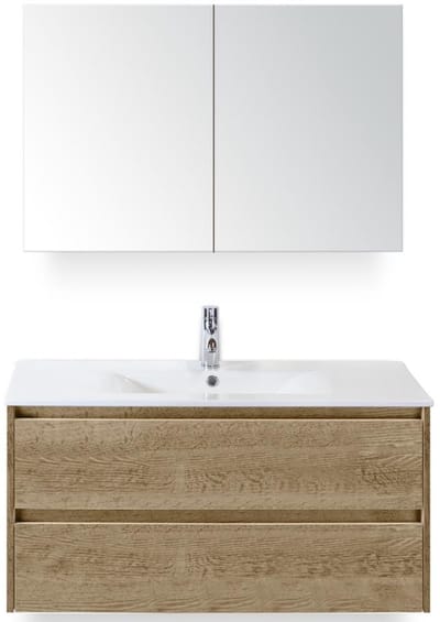 Dante Badmeubelset 100 cm - Natuur Eiken - Keramische Wastafel Wit Enjoy met Spiegelkast