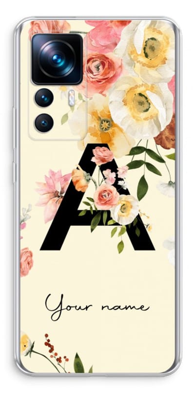 Gepersonaliseerd - Case Company® - Hoesje geschikt voor Xiaomi 12T Pro hoesje - Flirty Flowers Monogram - Soft Cover Telefoonhoesje - Bescherming aan alle Kanten en Schermrand