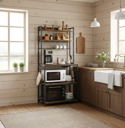 Keukenrek met Stopcontacten en Magnetron Rek – Industrieel Bakkerijrek met 5 Legplanken, 14 Haken, Verstelbare Plank, 275kg Draagkracht – Vintage Bruin Zwart – House&Garden