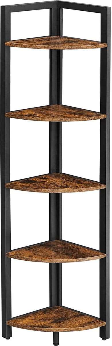 Nancy's Charette Hoekkast - Boekenkast - Stellingkast - Metaal - Bewerkt Hout - Bruin - Zwart - 30 x 30 x 150 cm