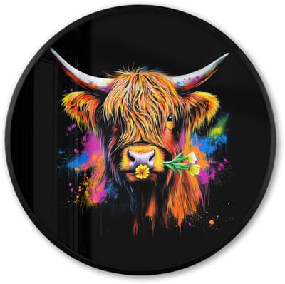 Poster in lijst Rond - Fotolijst 60x60 cm - Posters - Schotse Hooglander - Graffiti - Kleurrijk - Bloem - Dieren - Ronde posterlijst zwart - Decoratie - Wanddecoratie woonkamer - Muurdecoratie slaapkamer