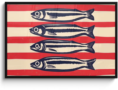 Poster in lijst - Fotolijst 120x80 cm - Posters - Sardines - Rood en beige strepen - Posterlijst zwart - Decoratie - Wanddecoratie woonkamer - Muurdecoratie slaapkamer