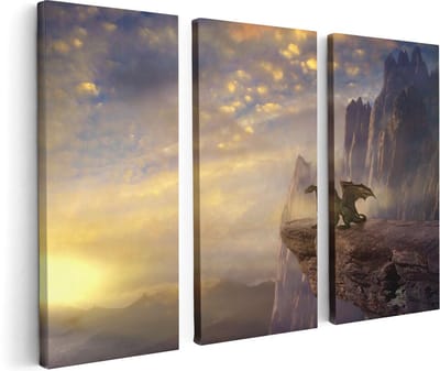 Artaza Canvas Schilderij Drieluik Draak op een Rots bij Zonsondergang - 120x80 - Foto Op Canvas - Canvas Print
