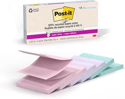 Super Sticky Notes 100% Gerecycled Papier - Pastelkleuren, 6 Blokken