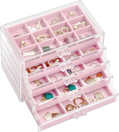 Stapelbare Acryl Oorbel Opberger met 5 Lades en Verstelbare Trays