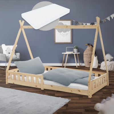 Kinderen Tipi Bed 90x200 cm met Matrassen en Valbeveiliging - Perfecte Speel- en Slaapplaats