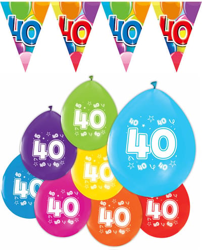 Feestpakket 40 jaar / 8 ballonnen en 1 vlaggenlijn 10 meter - Versiering Slinger Feestdecoratie Decoratie Verjaardag Jubileum Ballon Feest