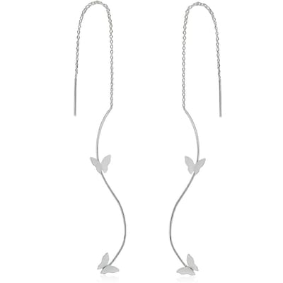 Zilverkleurige oorbellen dames doortrek oorbellen met vlinder hanger lange ketting oorbellen asymmetrisch design elegante oorbellen minimalistische oorhangers geïnspireerd op Japanse en Koreaanse stijl