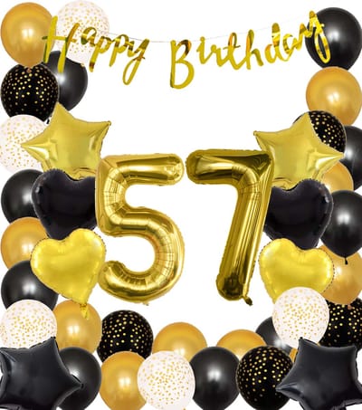 Snoes Ballonnen 57 Jaar Black Gold Dots Mega Ballon - Compleet Feestpakket Goud Zwart Stippen Cijferballon 57 - Verjaardag Versiering DIY Slinger Happy Birthday – Folieballon – Latex Ballonnen - Helium Ballonnen