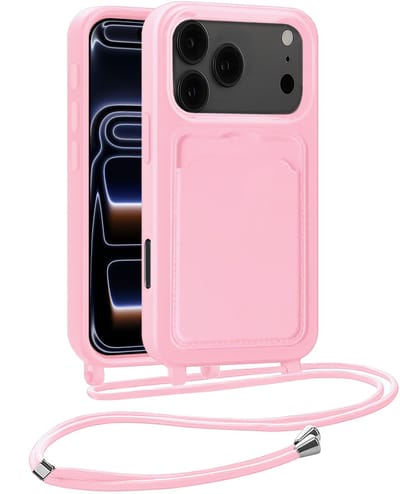 Hoesje Geschikt voor iPhone 17 Pro / 18 Pro Hoesje Met Telefoonkoord en Pasjeshouder Siliconen - Hoes Geschikt voor iPhone 17 Pro / 18 Pro Hoesje Met Kaarthouder Case - Lichtroze