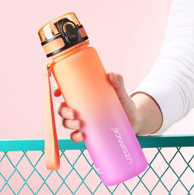 UZSPACE Waterfles - Drinkfles 1000 ml – BPA-Vrije Tritan Waterfles – 100% Lekvrij – Herbruikbare Sportfles met 1-Klik Deksel – Voor School, Sport & Kantoor – Oranje/Paars