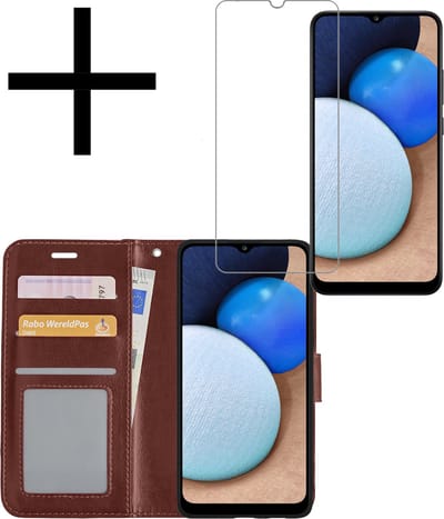 Hoesje - Met Screenprotector - Geschikt voor Samsung Galaxy A02s - Luxe Pasjeshouder - Bookcase Portemonee - Flip Case - Kunstleer Book Case - Flipcase - Book Cover - Walletcase - Portemonneehoes - Bruin