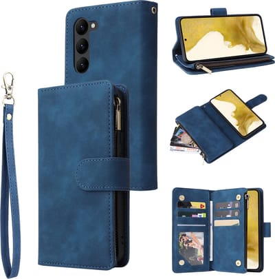 YPCd Wallet Case Pasjeshouder met Rits – Geschikt voor Samsung Galaxy S23 Plus – Luxe Bookcase Hoesje met 6 Pasjesvakken & Polsbandje – Blauw