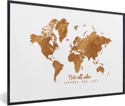 Poster in lijst - Fotolijst 30x20 cm - Posters - Wereldkaart - Brons - Touw - Posterlijst zwart - Decoratie - Wanddecoratie woonkamer - Muurdecoratie slaapkamer