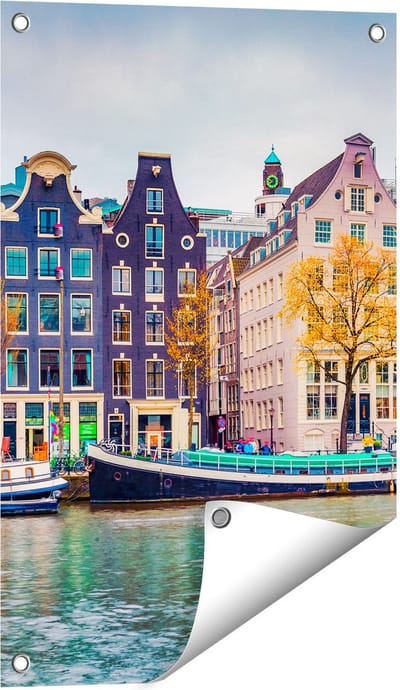 Gards Tuinposter Amsterdamse Huisjes vanaf de Gracht - 40x60 cm - Tuindoek - Tuindecoratie - Wanddecoratie buiten - Tuinschilderij