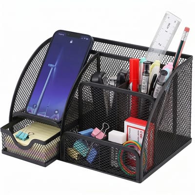 penhouder, bureau-opbergrek van metaal, 7 vakken met laden, voor het opbergen van A4-notitieboeken, schrijfwaren, kantoorbenodigdheden (zwart)