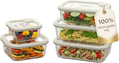 Safecourt vershoudbakjes - volledig van glas (100% micro-plastic vrij) - oven, vriezer, magnetron en vaatwasser - 5 delige set