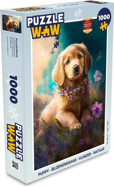Puzzel Puppy - Bloemenkrans - Vlinder - Hond - Golden retriever - Legpuzzel - Puzzel 1000 stukjes volwassenen