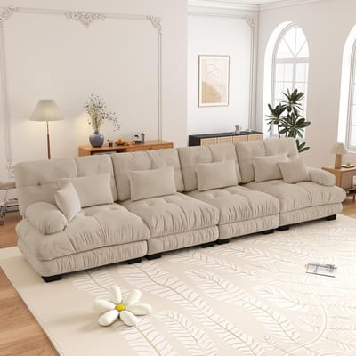 4-zits Bank, Modulaire Hoekbank met Diepe Zitting, Chenille Slaapbank, Comfortabel Bekleed voor Woonkamer, Appartement, Studio, Kantoor, Chenille-Lichte Koffie