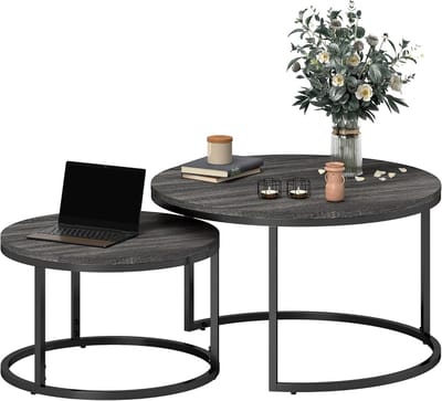 Set van 2 Stapelbare Ronde Salontafels met Houtlook en Zwart Metalen Frame