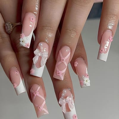 24 stuks Nail Art Draagbare Nagels Middellange Lengte, Witte Driedimensionale Vlinder Nepnagels, Witte Balletstijl Nail Art Stukken Voor Meisjes roze