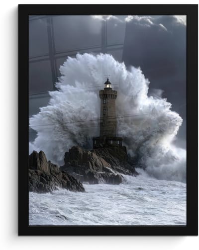 Poster in lijst - Fotolijst 30x40 cm - Posters - Golf - Vuurtoren - Schuimend water - Posterlijst zwart - Decoratie - Wanddecoratie woonkamer - Muurdecoratie slaapkamer
