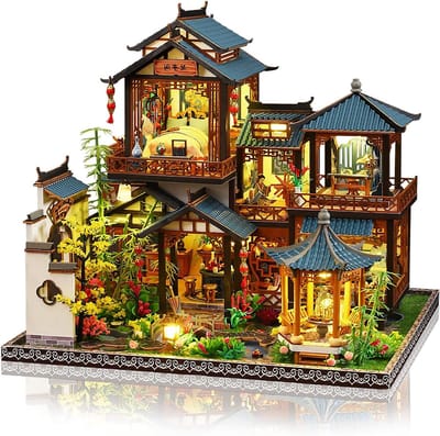 Miniatuur poppenhuis - Houten knutselhuis - Creatief bouwen - Met LED-licht - 1 kg - Meerdere kleuren