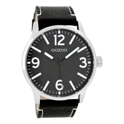 OOZOO Timepieces - Zilverkleurige horloge met zwarte leren band - C7409