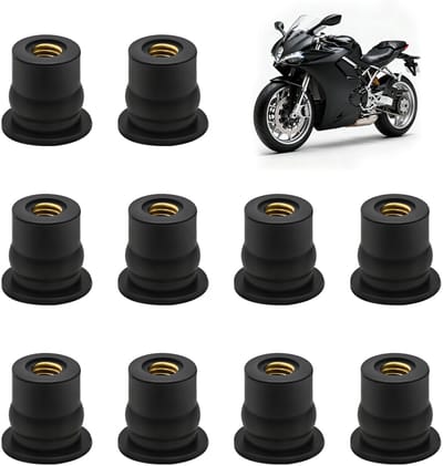 Moeren voor voorruiten, bevestigingsset voor motorfiets, rubberen moeren met messing inzetstuk (rechte convexity, M6)