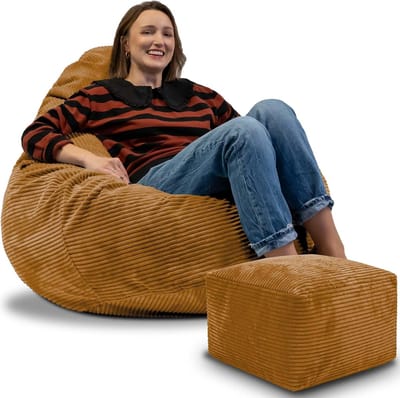 DreamRoots Zitzak voor Volwassenen of Kinderen – Corduroy Beanbag met Voetsteun en Afneembare Hoes – Inclusief Vulling – 90x90x100 cm – Sugar Cookie